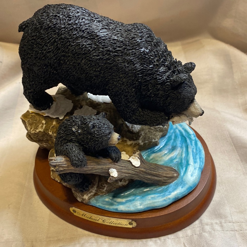 Mama and cub black bears fishing heavy resin on wood stand Michael Collection